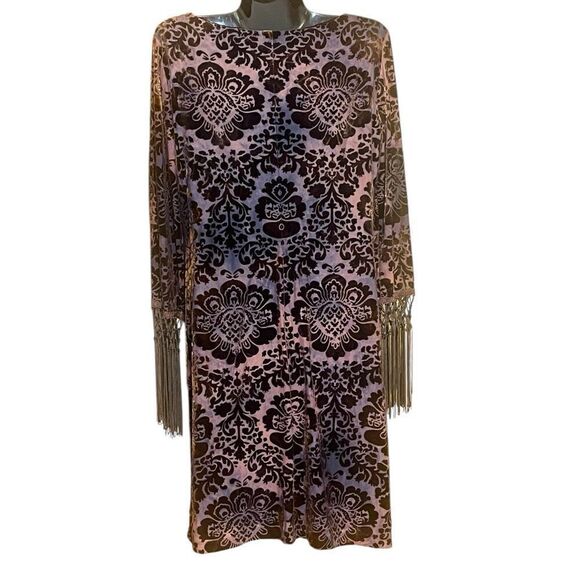 Muse Crushed Velvet Burnout Macramé Fringe On Sleeves 3/4 Sleeve Sheath Dress Sz - Picture 3 of 5
